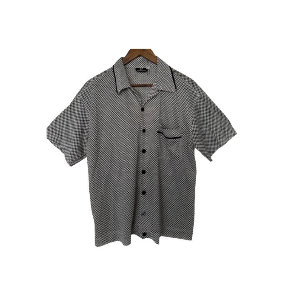 Stylish Positano Mens Shirt Size L White Black Button Up Collared Short Sleeve